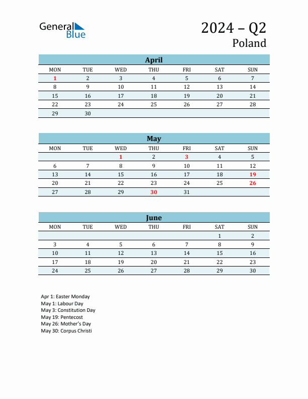 Three-Month Planner for Q2 2024 with Holidays - Poland