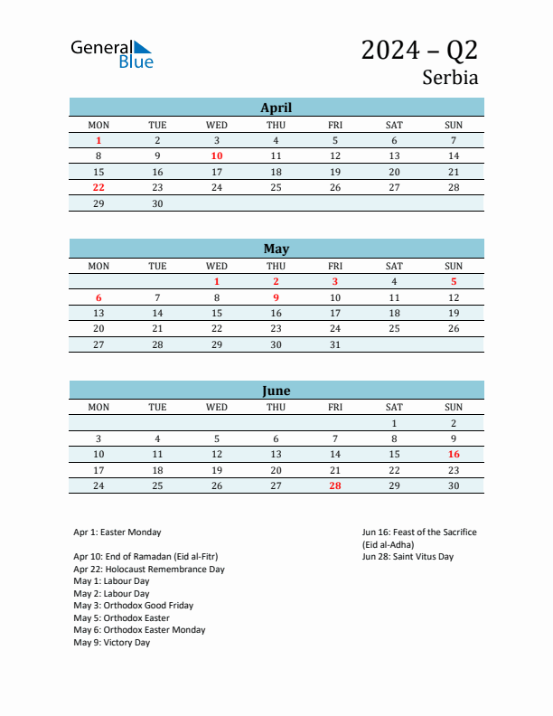 Three-Month Planner for Q2 2024 with Holidays - Serbia