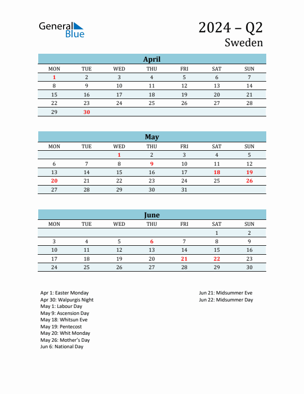 Three-Month Planner for Q2 2024 with Holidays - Sweden