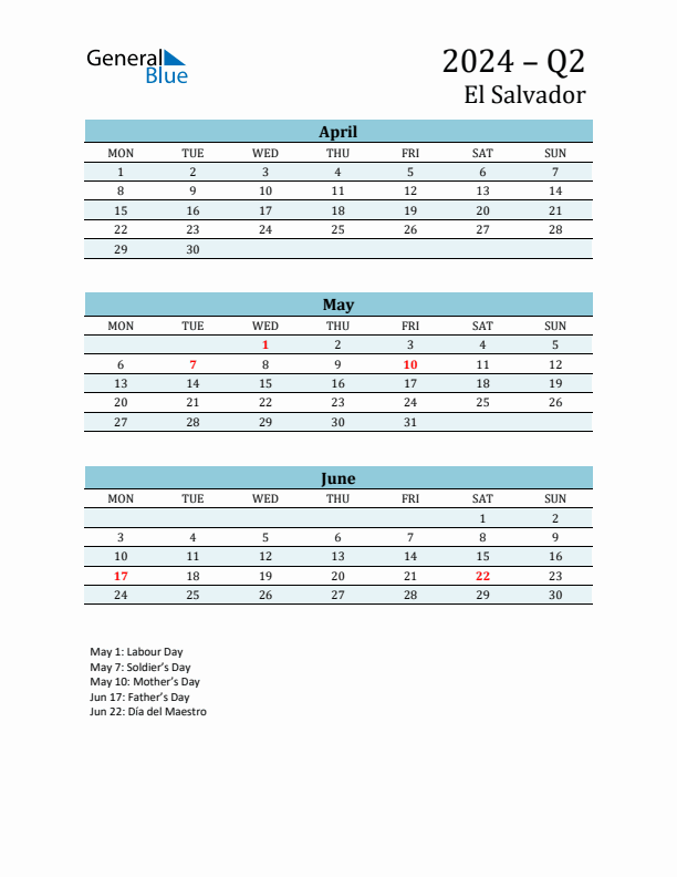 Three-Month Planner for Q2 2024 with Holidays - El Salvador