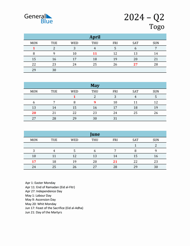 Three-Month Planner for Q2 2024 with Holidays - Togo