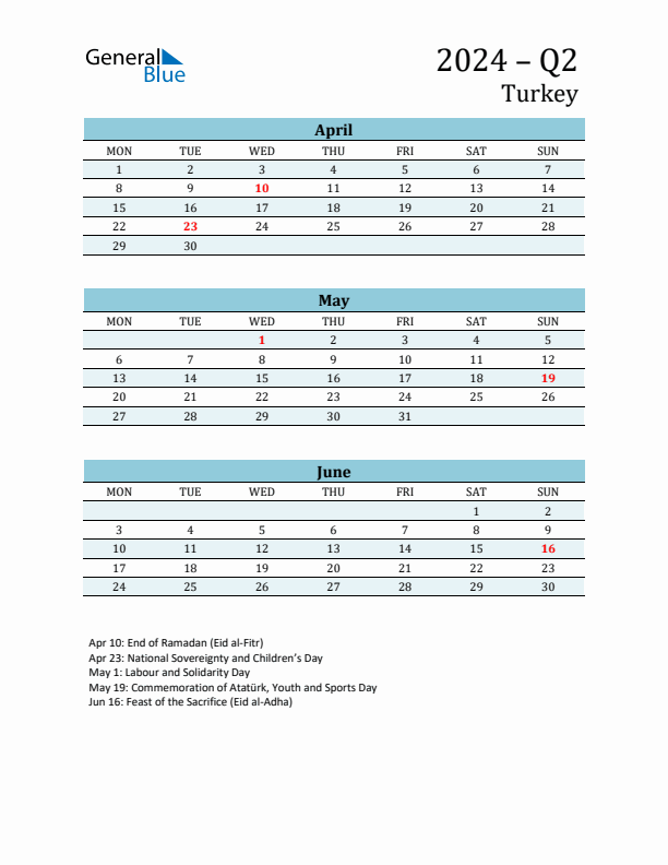 Three-Month Planner for Q2 2024 with Holidays - Turkey