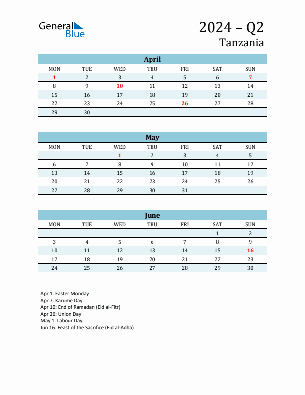 Three-Month Planner for Q2 2024 with Holidays - Tanzania