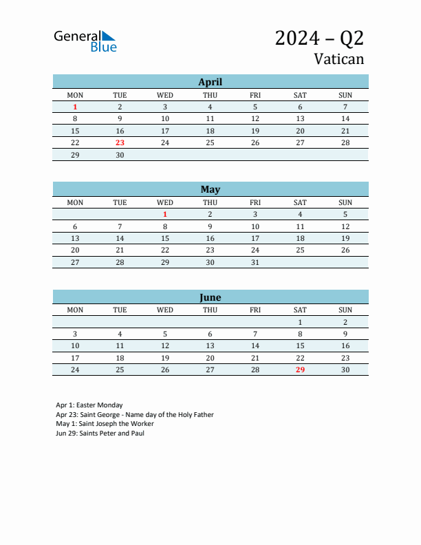 Three-Month Planner for Q2 2024 with Holidays - Vatican