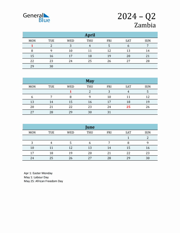 Three-Month Planner for Q2 2024 with Holidays - Zambia