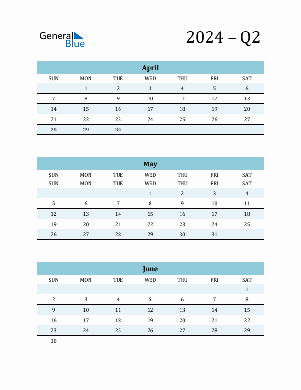 April, May, and June 2024 Calendar