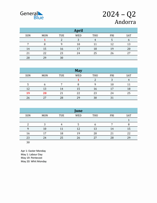 Three-Month Planner for Q2 2024 with Holidays - Andorra