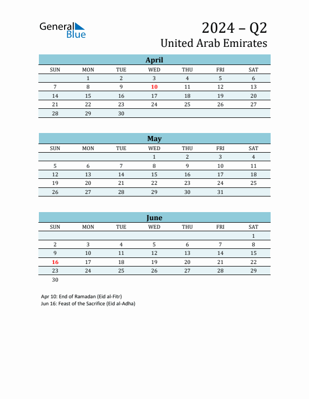 Three-Month Planner for Q2 2024 with Holidays - United Arab Emirates