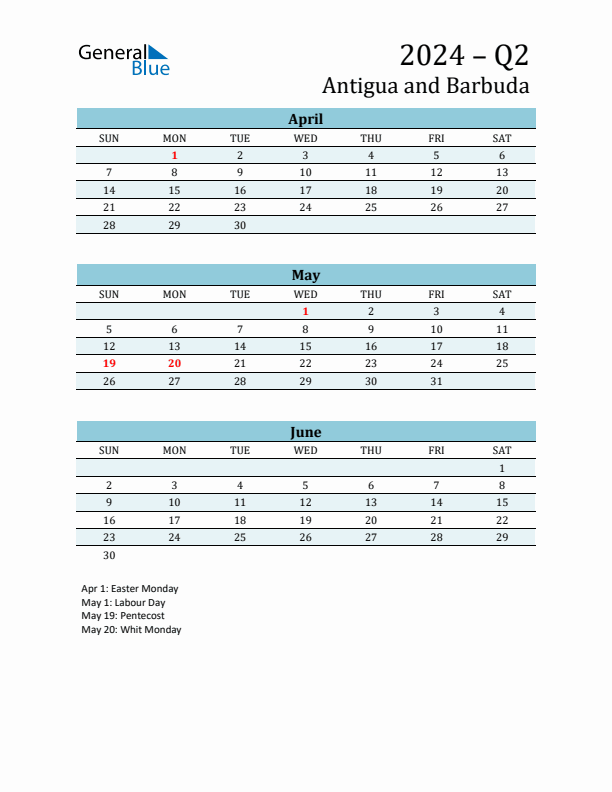 Three-Month Planner for Q2 2024 with Holidays - Antigua and Barbuda