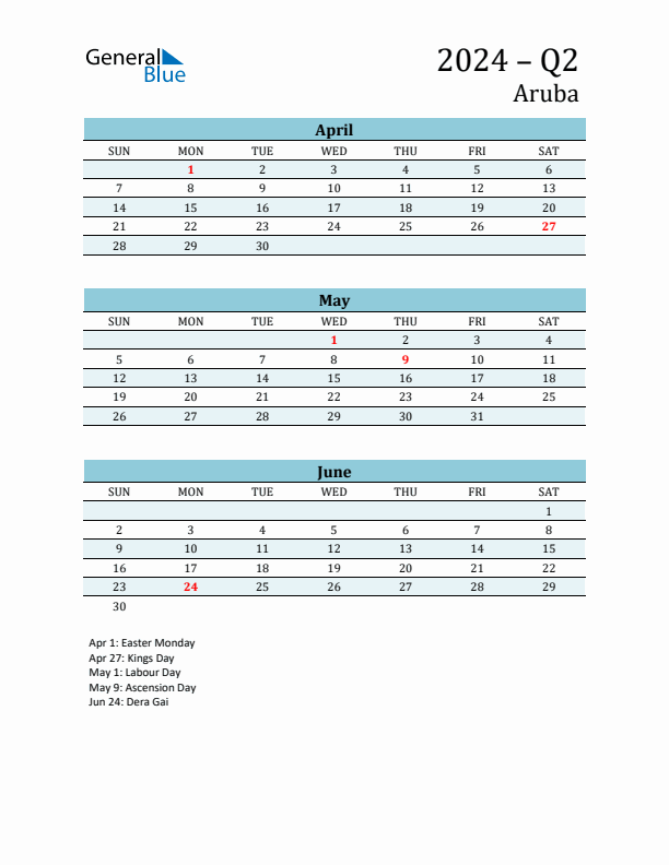 Three-Month Planner for Q2 2024 with Holidays - Aruba