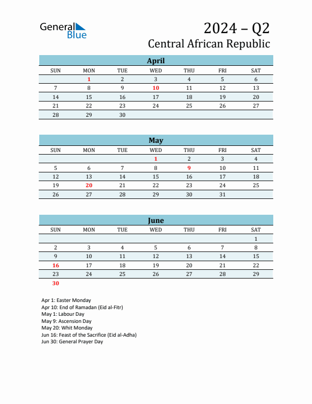 Three-Month Planner for Q2 2024 with Holidays - Central African Republic