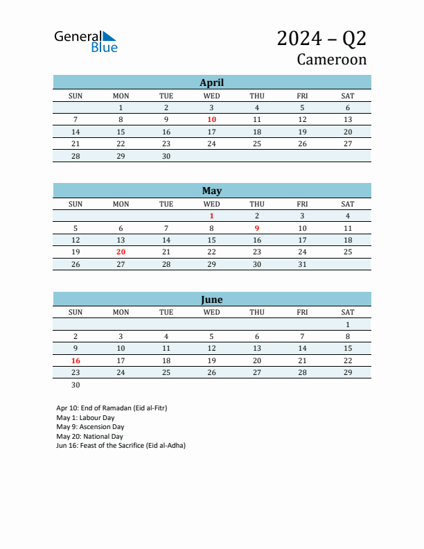 Three-Month Planner for Q2 2024 with Holidays - Cameroon