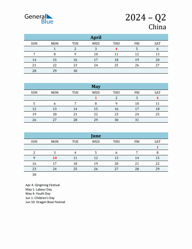 Three-Month Planner for Q2 2024 with Holidays - China