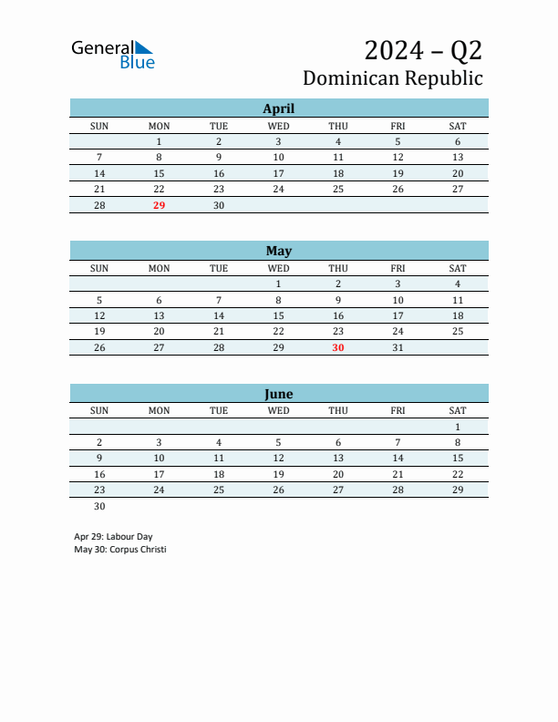 Three-Month Planner for Q2 2024 with Holidays - Dominican Republic