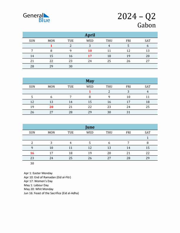 Three-Month Planner for Q2 2024 with Holidays - Gabon