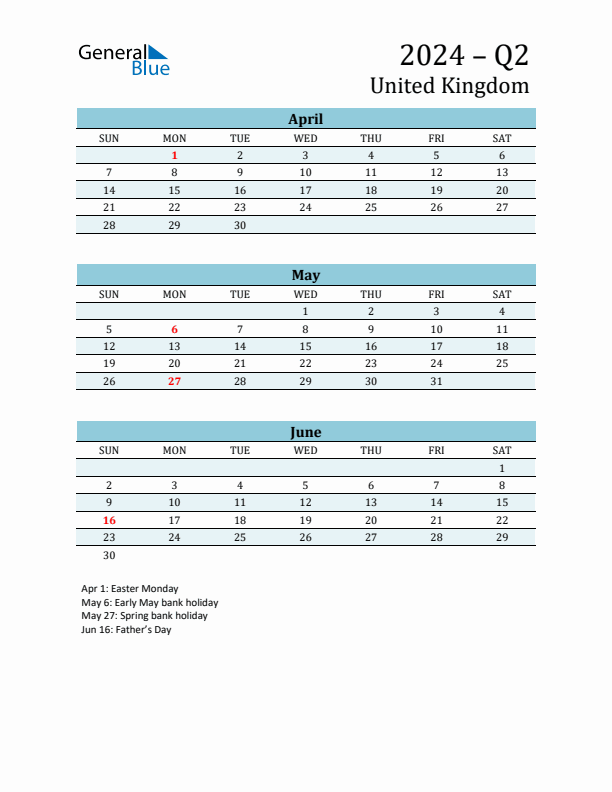 Three-Month Planner for Q2 2024 with Holidays - United Kingdom