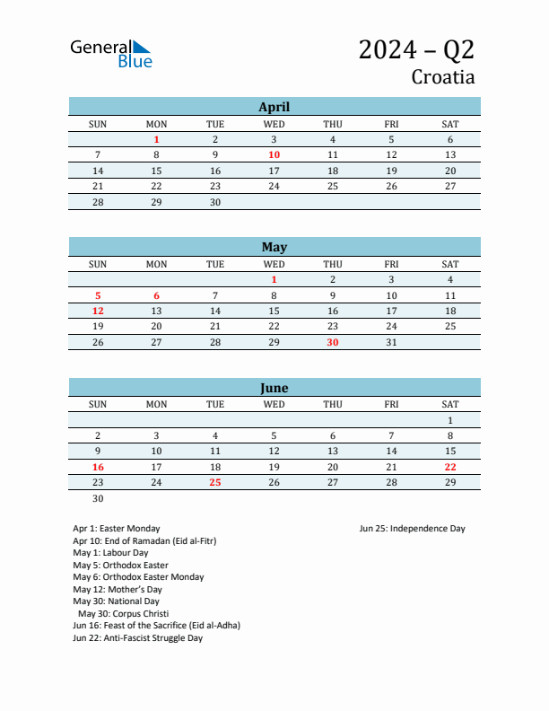 Three-Month Planner for Q2 2024 with Holidays - Croatia