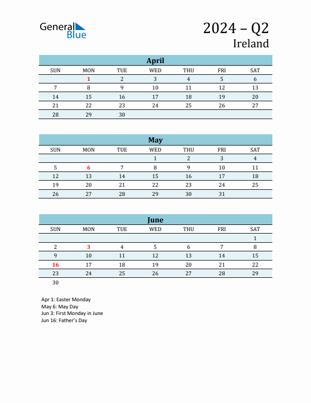 Three-Month Planner for Q2 2024 with Holidays - Ireland