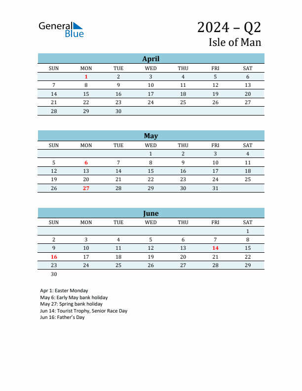 Three-Month Planner for Q2 2024 with Holidays - Isle of Man