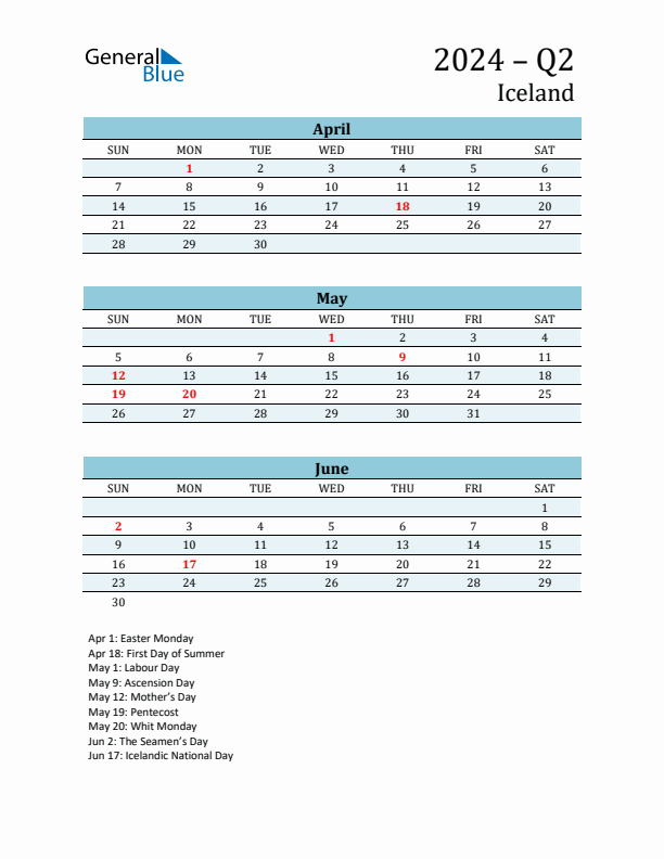 Three-Month Planner for Q2 2024 with Holidays - Iceland