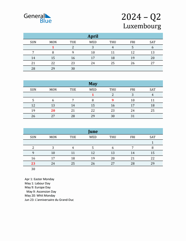 Three-Month Planner for Q2 2024 with Holidays - Luxembourg