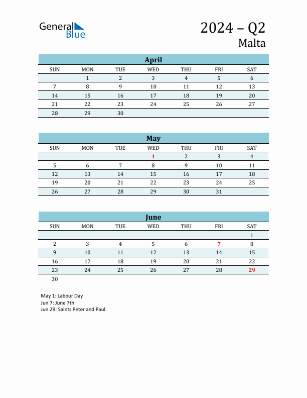 Three-Month Planner for Q2 2024 with Holidays - Malta