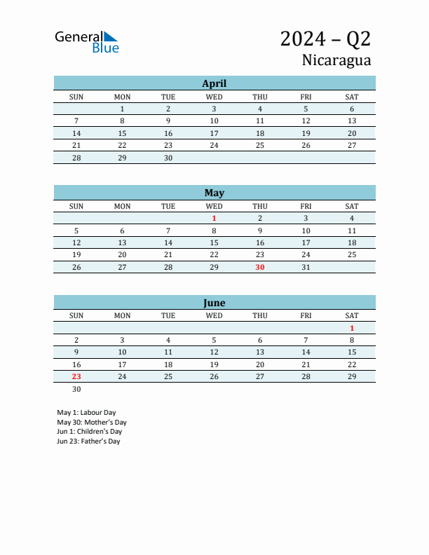 Three-Month Planner for Q2 2024 with Holidays - Nicaragua