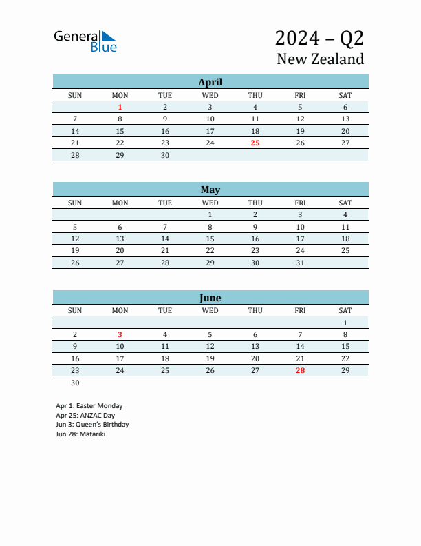 Three-Month Planner for Q2 2024 with Holidays - New Zealand