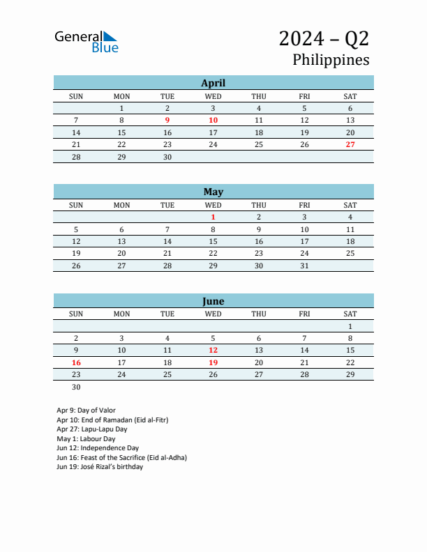 Three-Month Planner for Q2 2024 with Holidays - Philippines