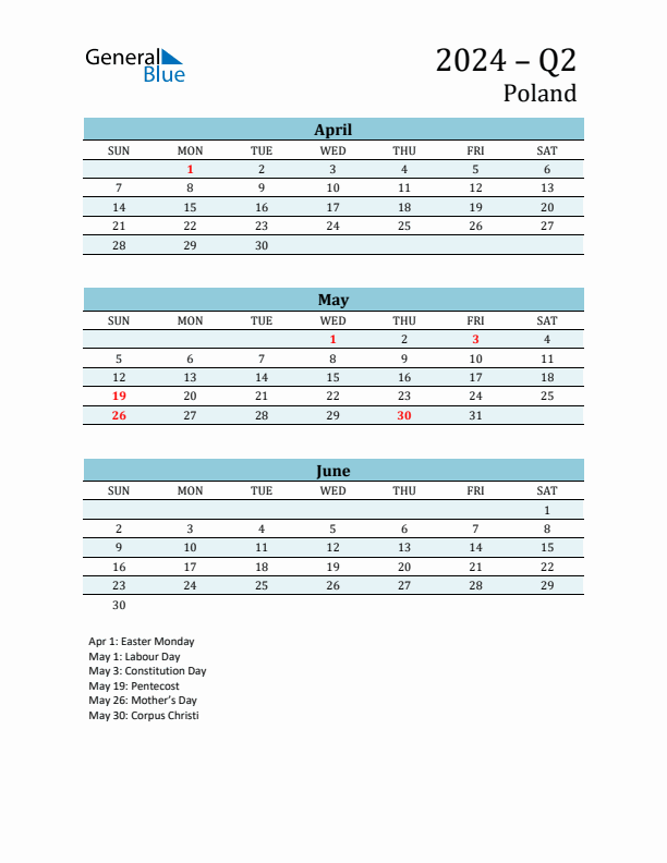 Three-Month Planner for Q2 2024 with Holidays - Poland