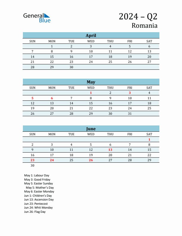 Three-Month Planner for Q2 2024 with Holidays - Romania