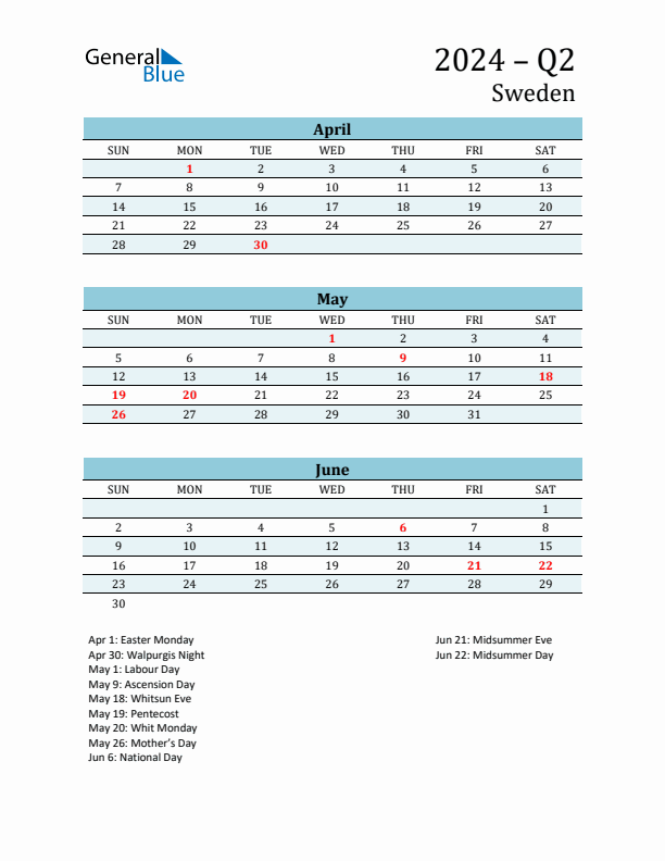 Three-Month Planner for Q2 2024 with Holidays - Sweden