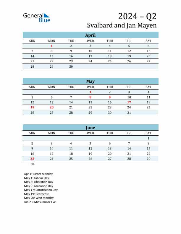 Three-Month Planner for Q2 2024 with Holidays - Svalbard and Jan Mayen