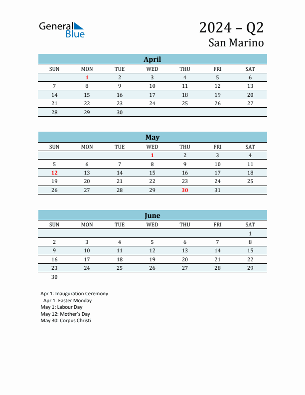 Three-Month Planner for Q2 2024 with Holidays - San Marino