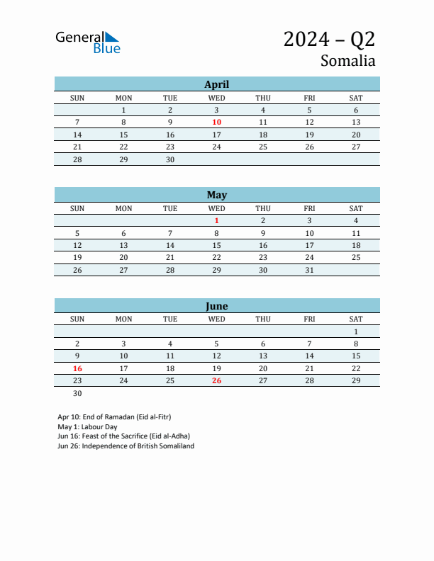 Three-Month Planner for Q2 2024 with Holidays - Somalia