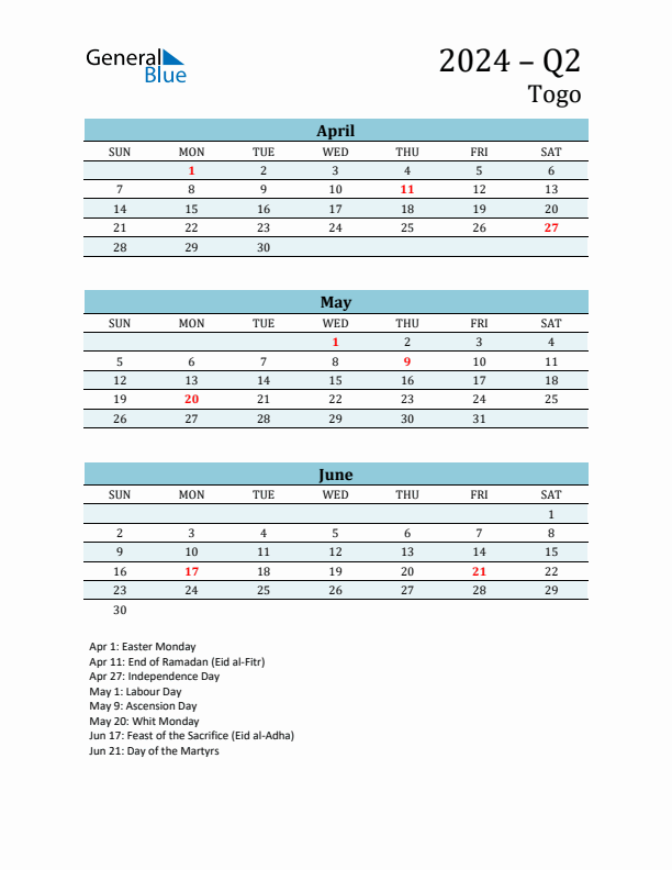 Three-Month Planner for Q2 2024 with Holidays - Togo