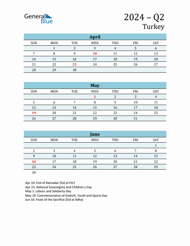 Three-Month Planner for Q2 2024 with Holidays - Turkey