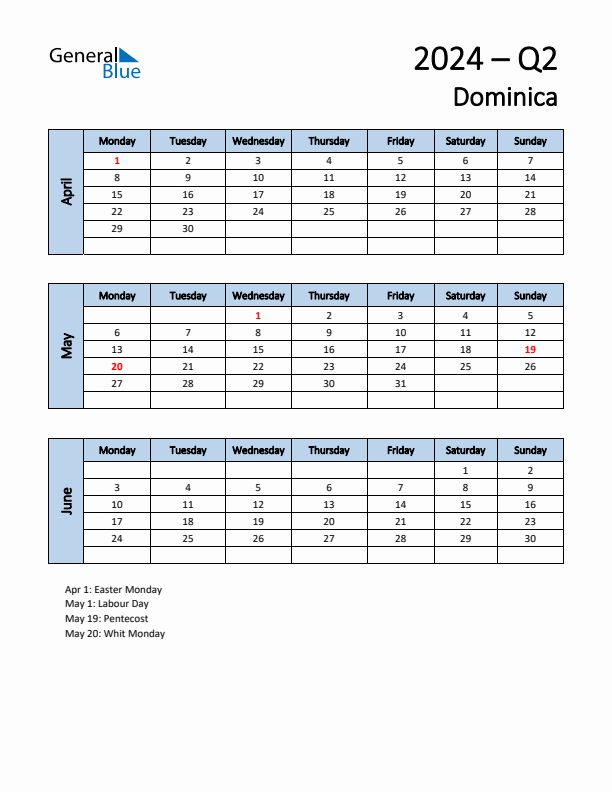 Free Q2 2024 Calendar for Dominica - Monday Start