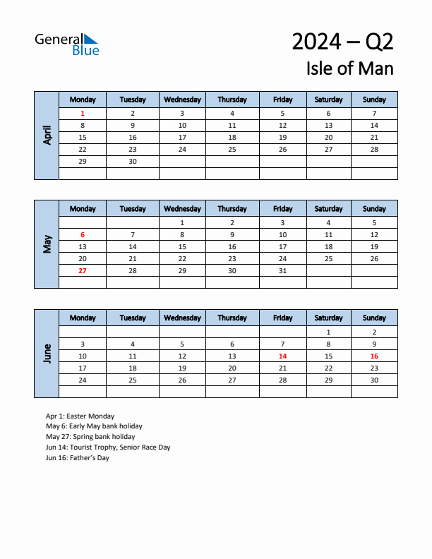 Free Q2 2024 Calendar for Isle of Man - Monday Start