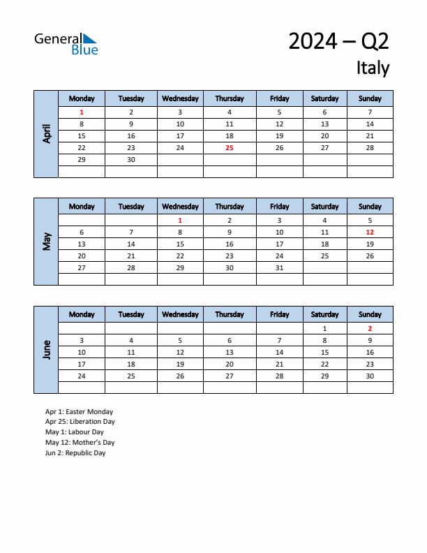 Free Q2 2024 Calendar for Italy - Monday Start