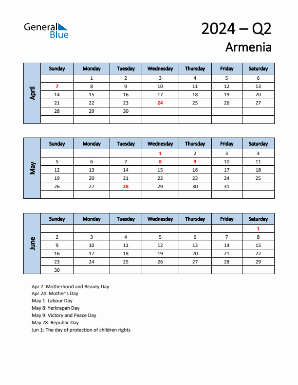 Free Q2 2024 Calendar for Armenia - Sunday Start