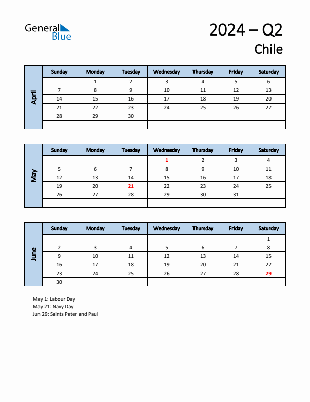 Free Q2 2024 Calendar for Chile - Sunday Start