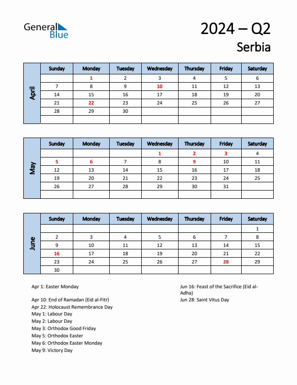 Free Q2 2024 Calendar for Serbia - Sunday Start