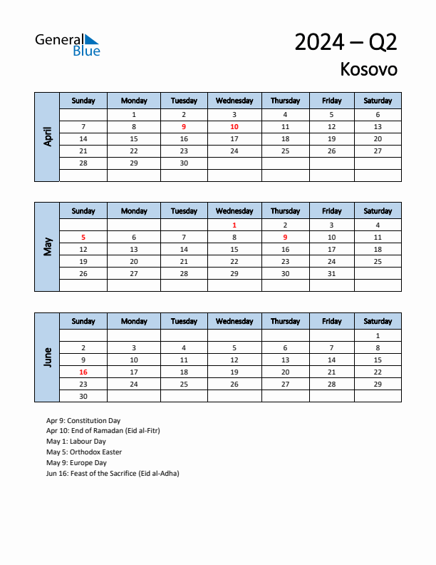 Free Q2 2024 Calendar for Kosovo - Sunday Start