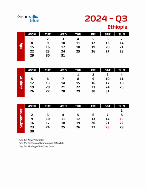 Q3 2024 Calendar with Holidays in Ethiopia