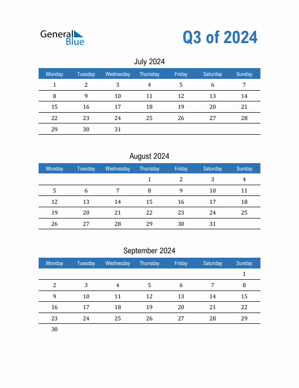 Fillable Quarterly Calendar for Q3 2024