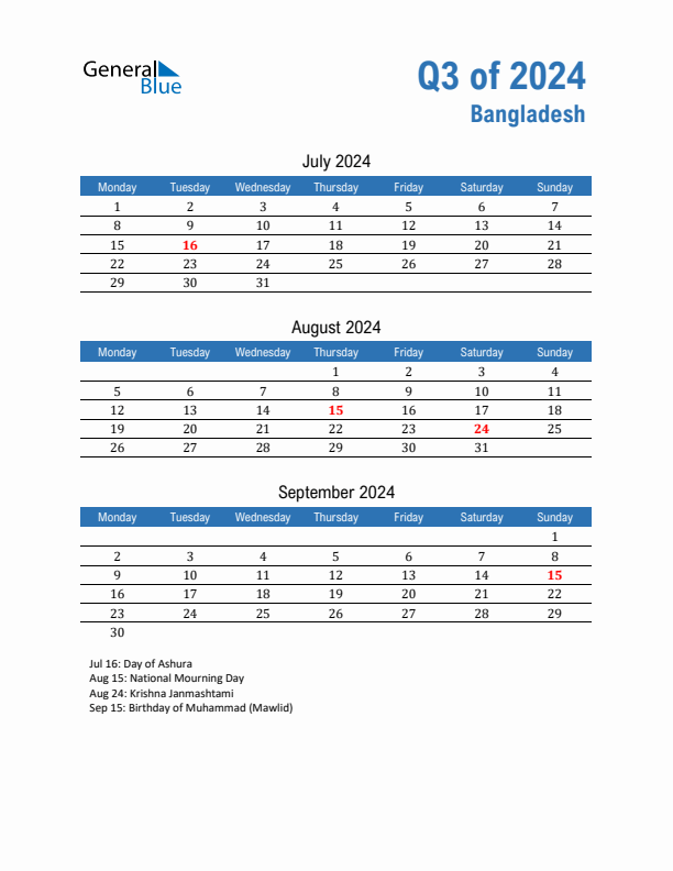 Bangladesh Q3 2024 Quarterly Calendar with Monday Start