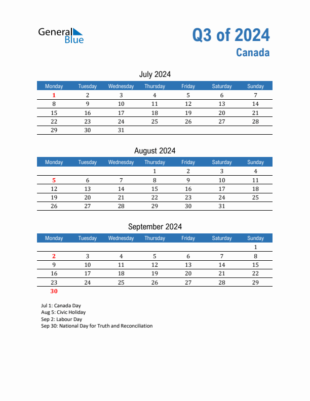 Canada Q3 2024 Quarterly Calendar with Monday Start