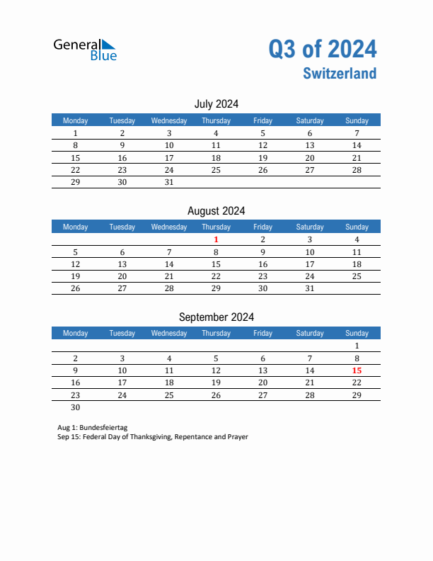 Switzerland Q3 2024 Quarterly Calendar with Monday Start