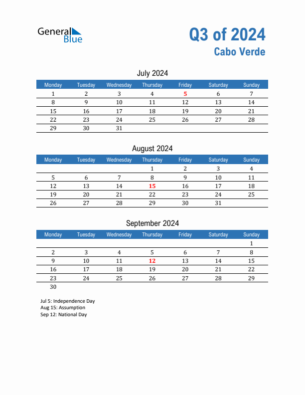 Cabo Verde Q3 2024 Quarterly Calendar with Monday Start